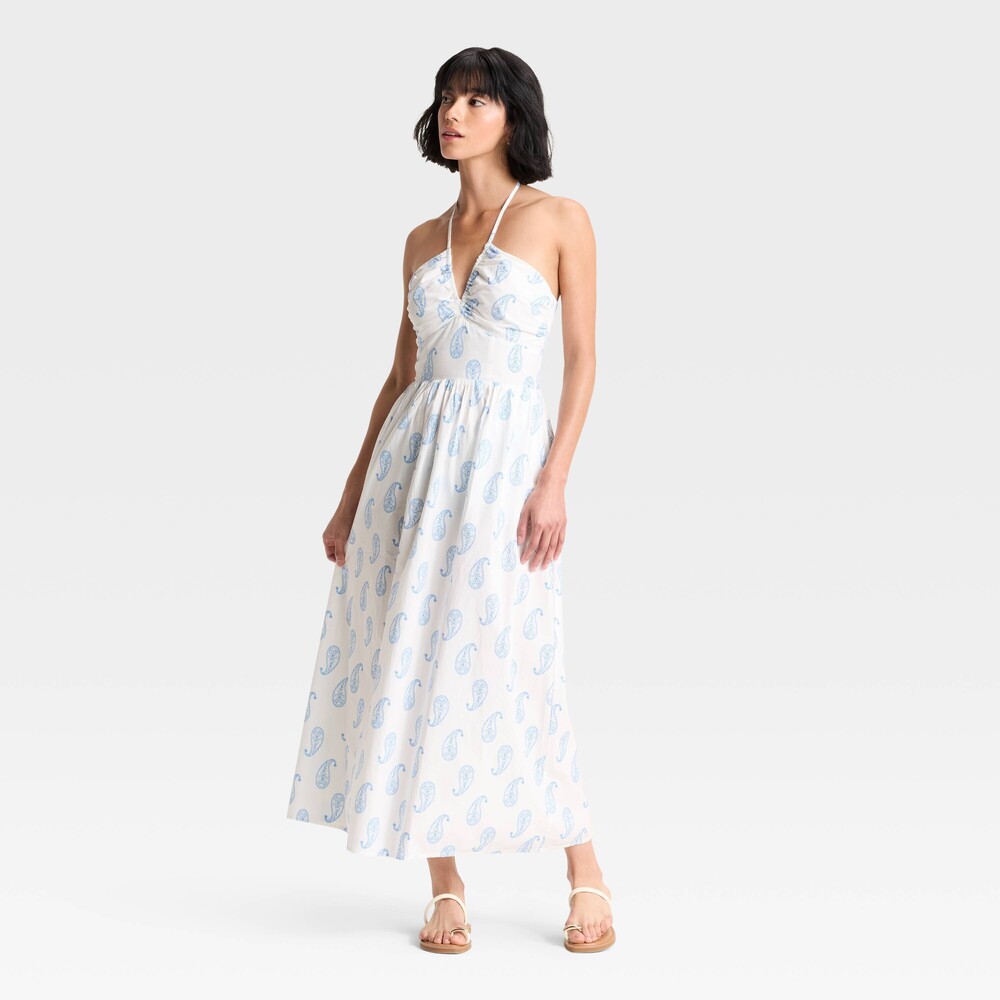 Maxi A-line Halter Dress Blue & White Paisley 100% Cotton Large NWT